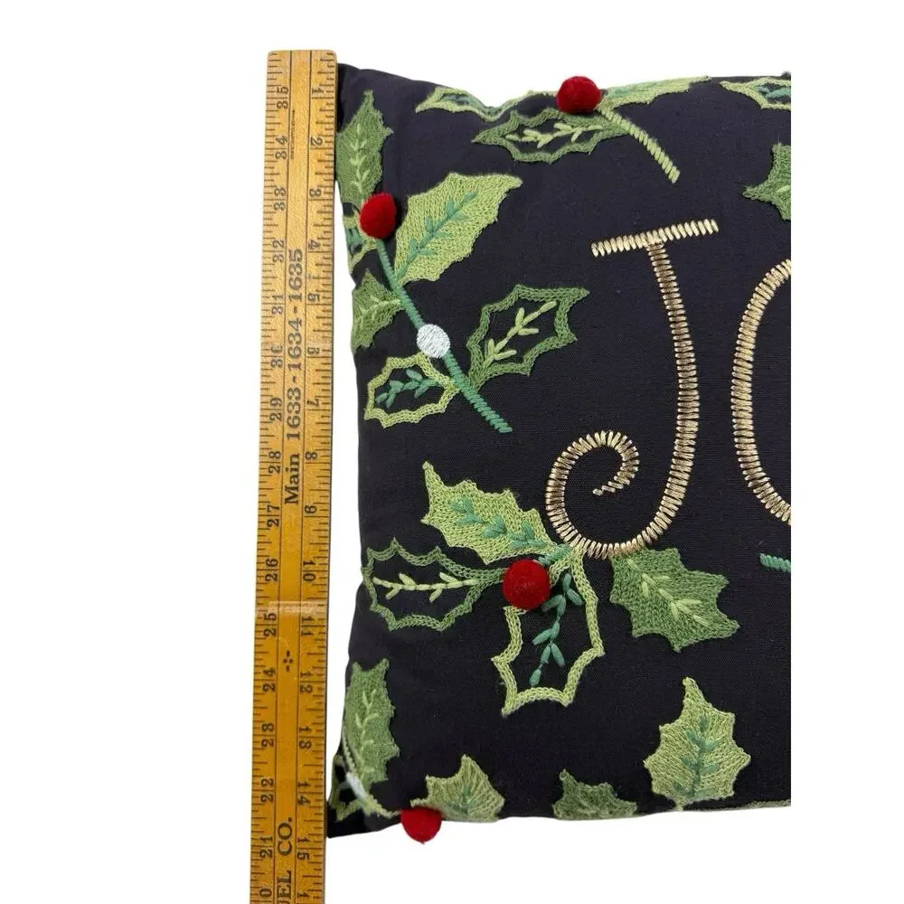 Pier 1 Imports Pillow JOY Embroidered Holy Berry Christmas Decor 15X15 Black Red